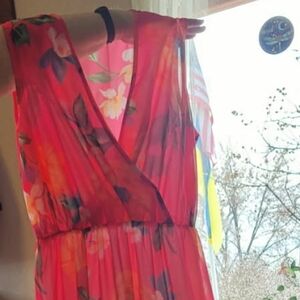 Pink and Floral Pleated Maxi Dress